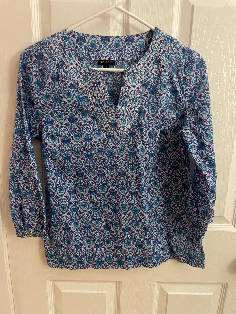 Talbots Blue and Pink Paisley-Style V-Neck Tunic